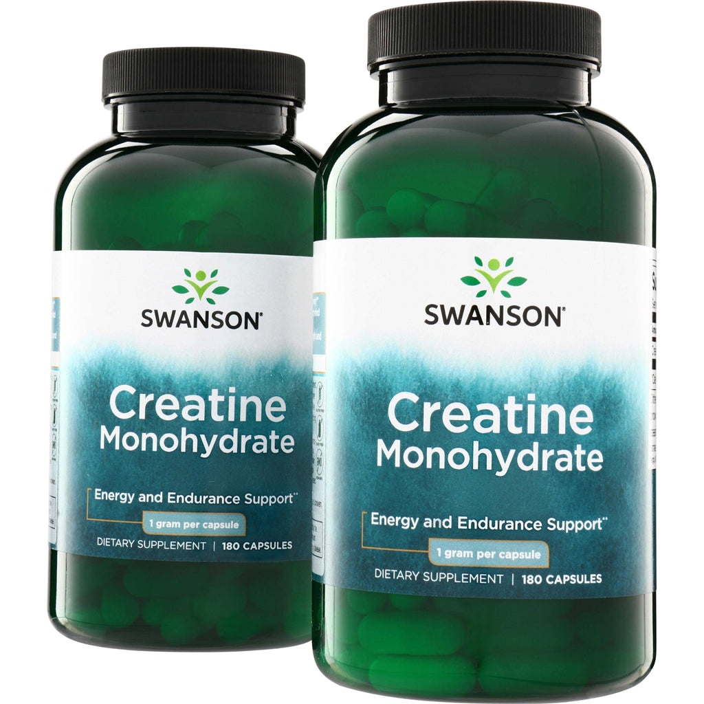 SWU734 | Two green Swanson bottles labeled Creatine Monohydrate dietary supplement 180 capsules 1 gram per capsule - Thumbnail