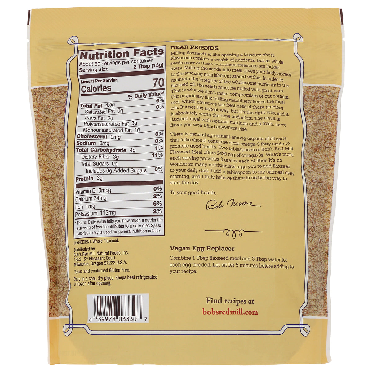 BOB250 | back of package showing Nutrition Facts panel, Vegan Egg Replacer instructions and barcode