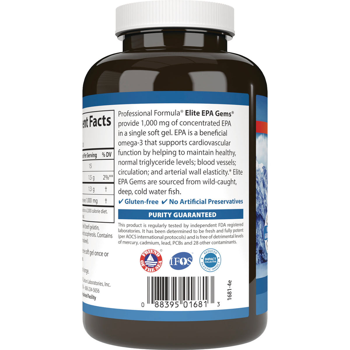 Back label of brown supplement bottle showing ingredient facts, purity guaranteed statement, certifications, and barcode