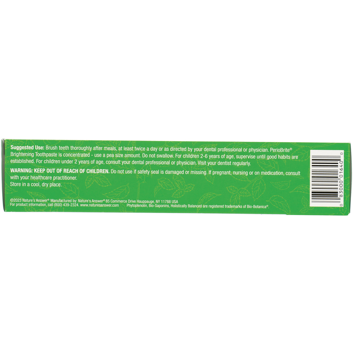 NAT078 | Back of green toothpaste box showing suggested use, warning text and barcode