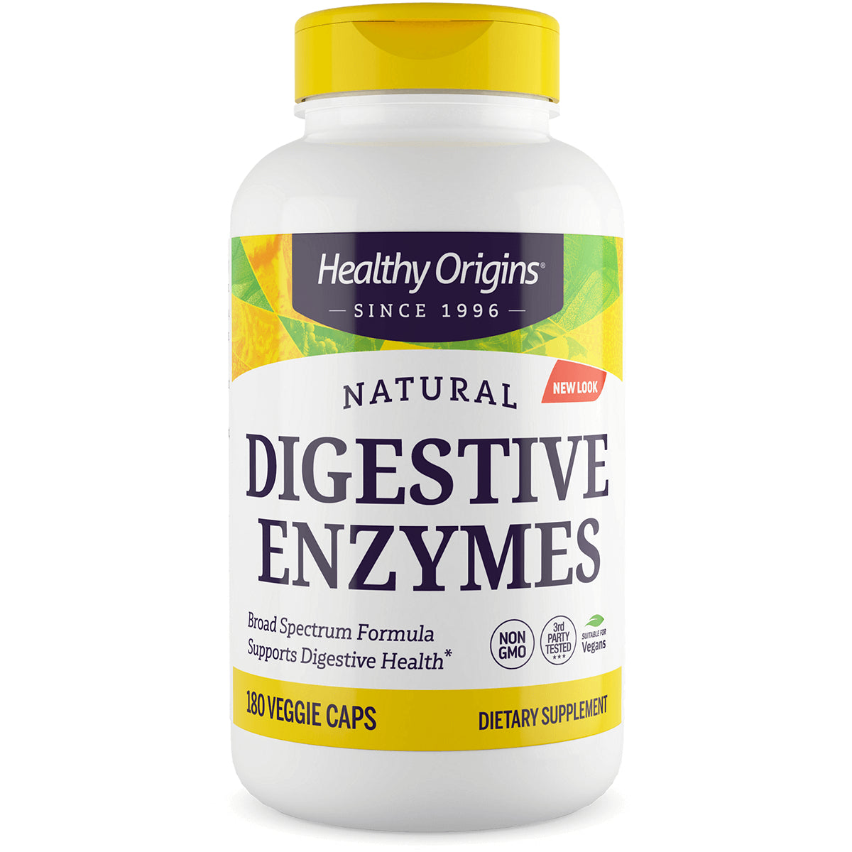 HRG099 | Healthy Origins Natural Digestive Enzymes white bottle with yellow cap labeled 180 VEGGIE CAPS dietary supplement