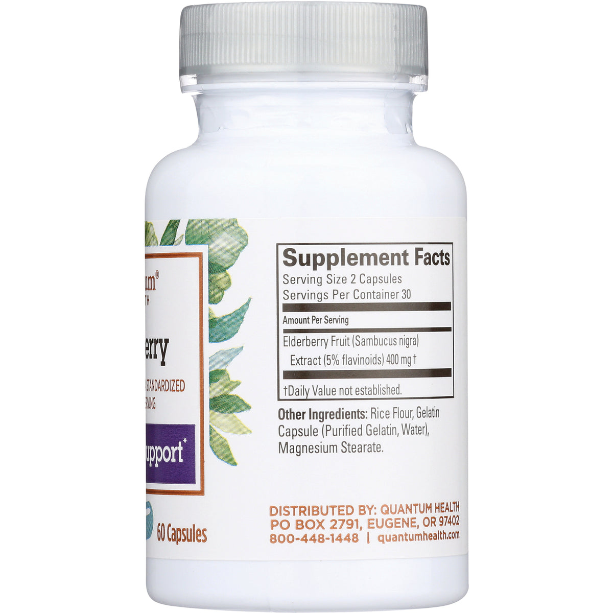 QU035 | Back label of white supplement bottle showing Supplement Facts box and other ingredients