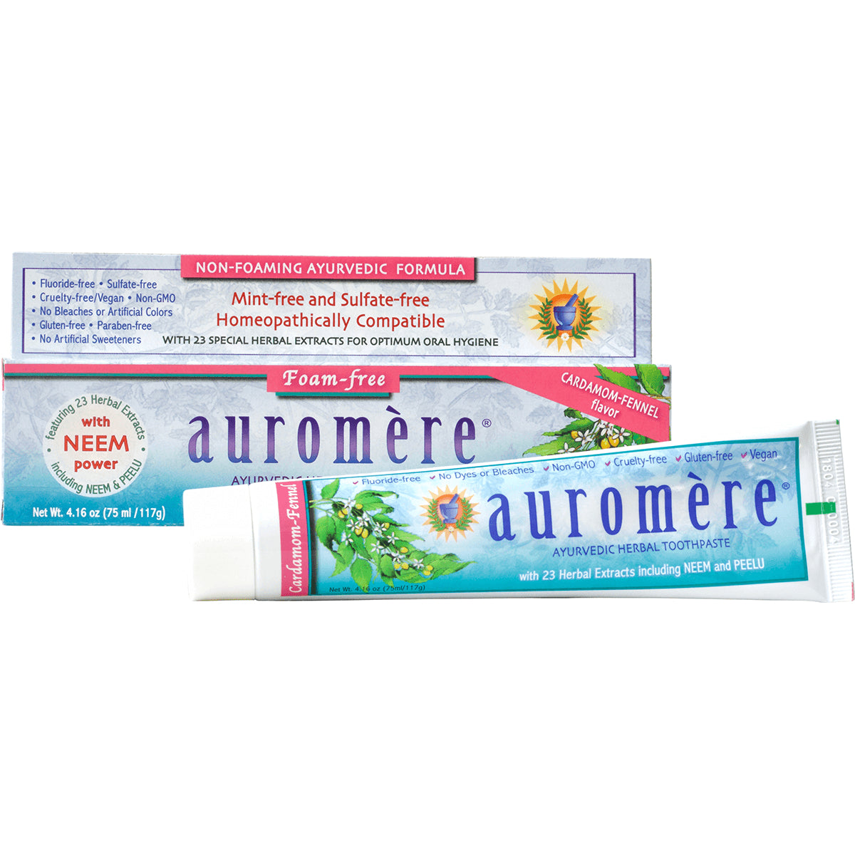 AUR008 | Auromere Ayurvedic herbal toothpaste tube and box, cardamom-fennel flavor, foam-free with neem