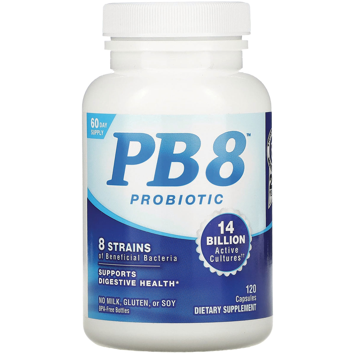 NTN010 | PB8 Probiotic white bottle front label showing 14 billion active cultures, 8 strains, 120 capsules