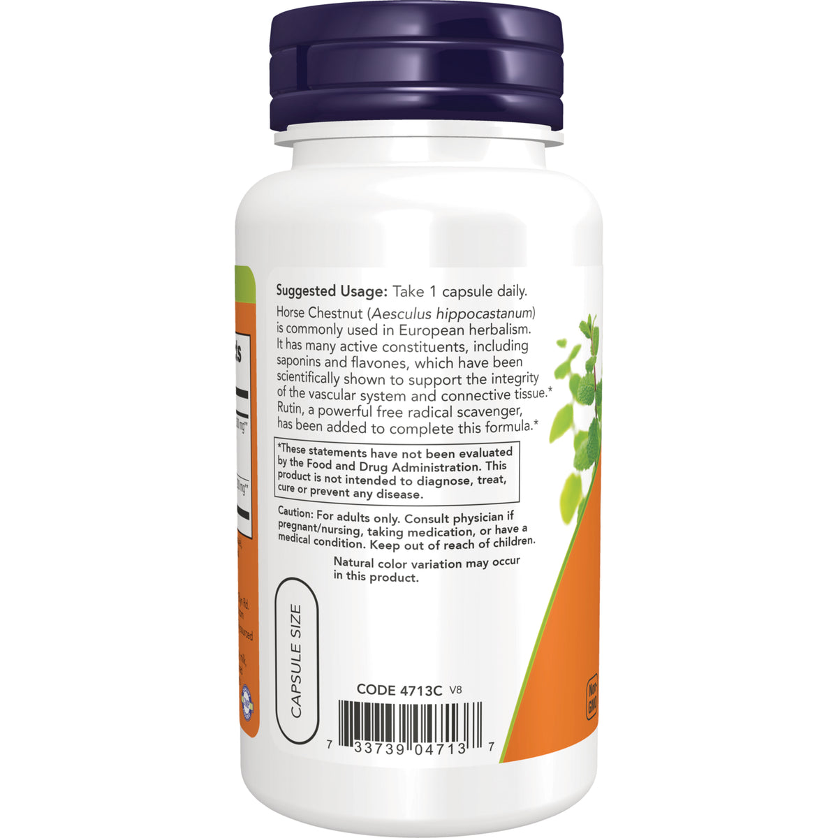 NWF553 | Back of white supplement bottle showing suggested usage Take 1 capsule daily, caution text, barcode and capsule size