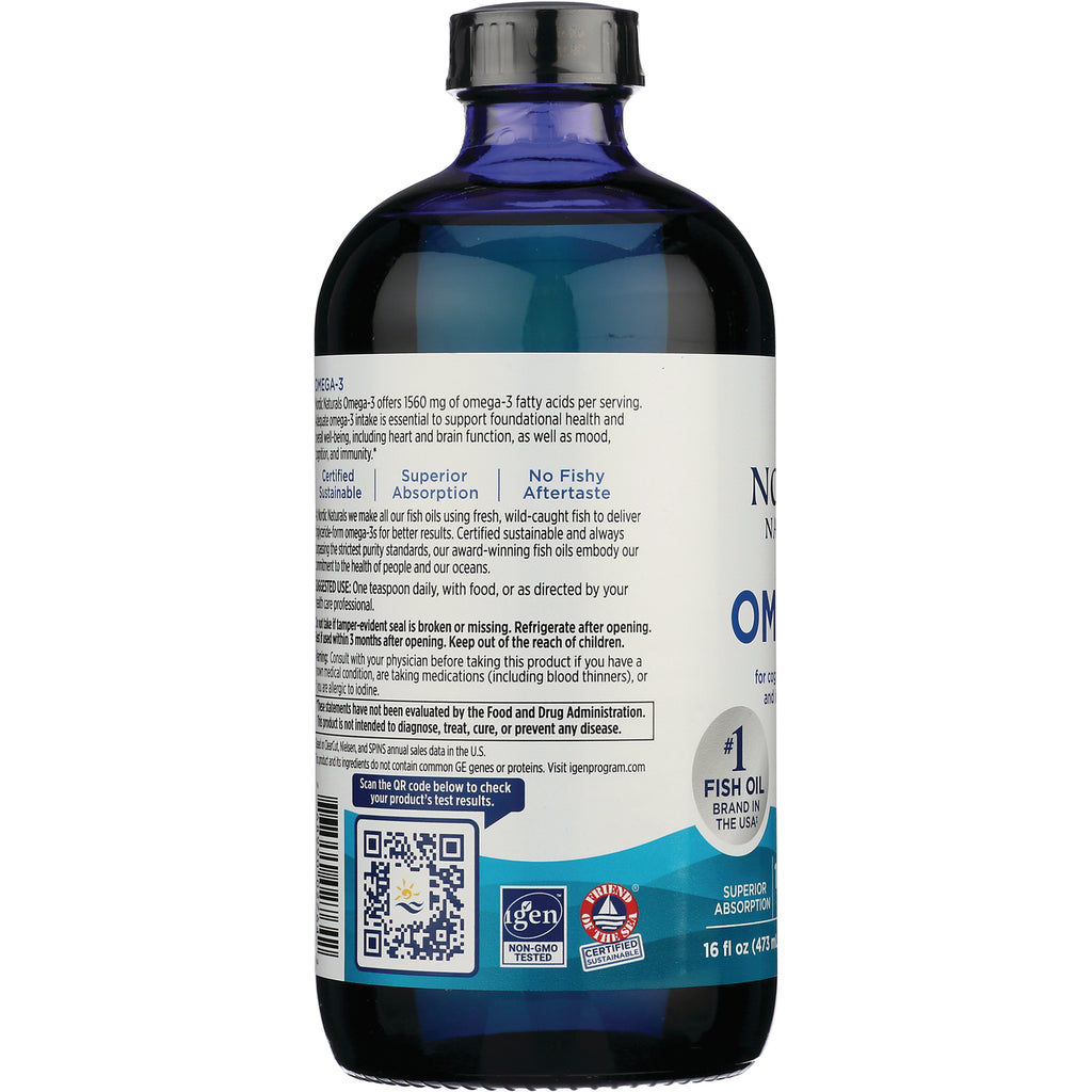 NRN028 | Back label of fish oil bottle showing supplement text, QR code, NON-GMO Tested badge and 16 fl oz - Thumbnail
