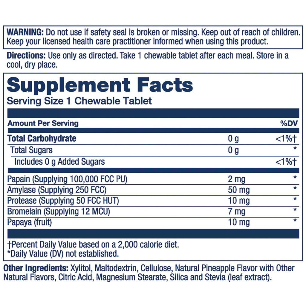 SLR528 | Supplement Facts back label showing serving size 1 chewable tablet and enzyme amounts e.g., Papain 2 mg, Amylase 50 mg, Protease 10 mg - Thumbnail