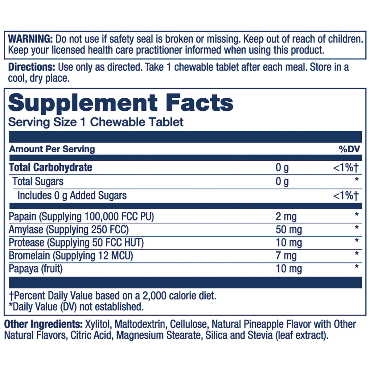 SLR528 | Supplement Facts back label showing serving size 1 chewable tablet and enzyme amounts e.g., Papain 2 mg, Amylase 50 mg, Protease 10 mg