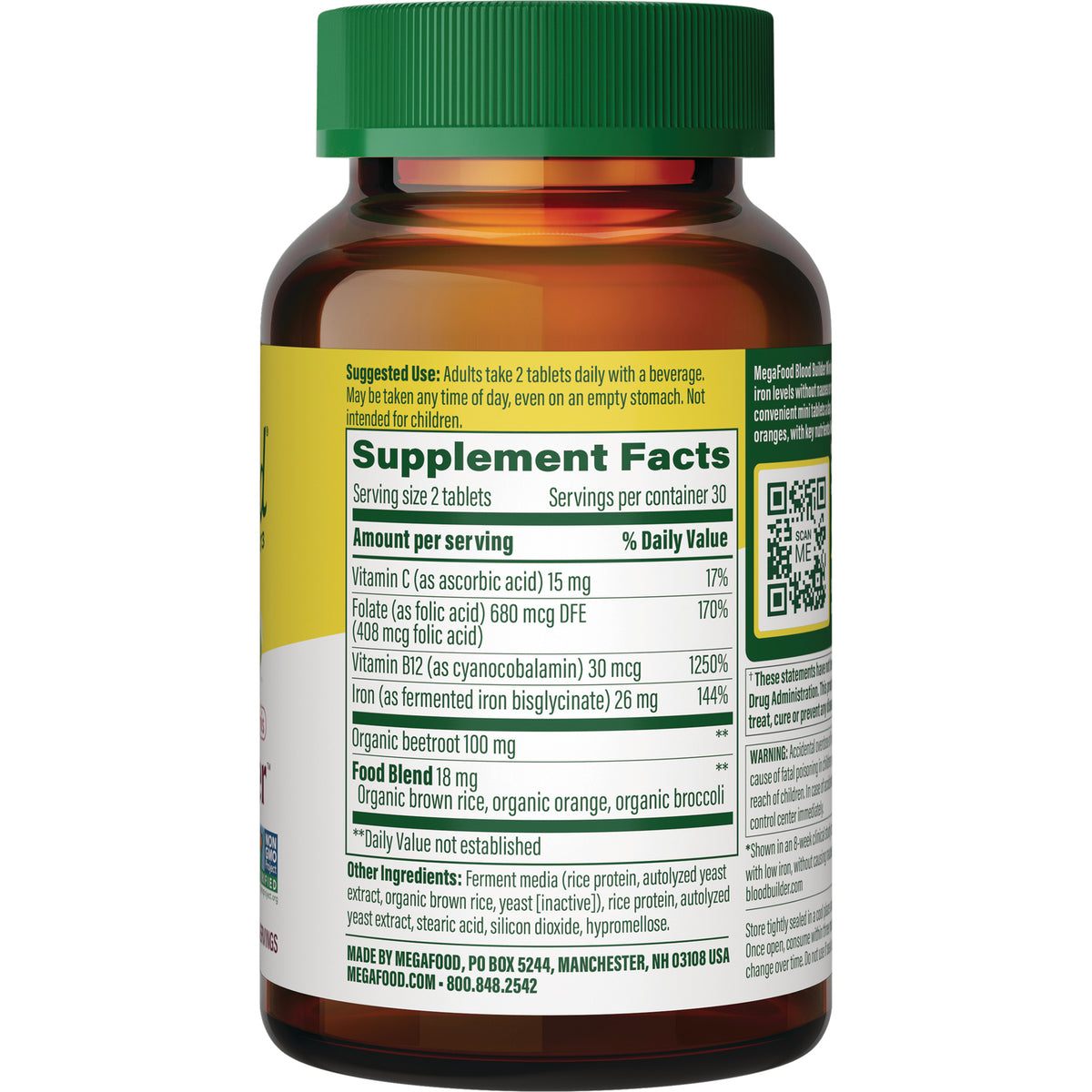 MGF086 | Back of amber supplement bottle showing Supplement Facts panel, ingredients and QR code