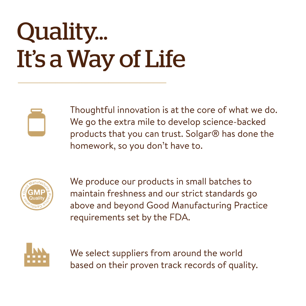 SLG228 | Brand infographic titled Quality... It's a Way of Life with icons and text about innovation, GMP quality, and supplier sourcing