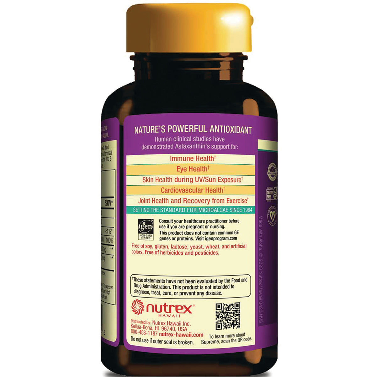 NUT002 | back of supplement bottle label listing benefits such as Immune Health, Eye Health, Skin Health, cardiovascular and joint support with Nutrex logo