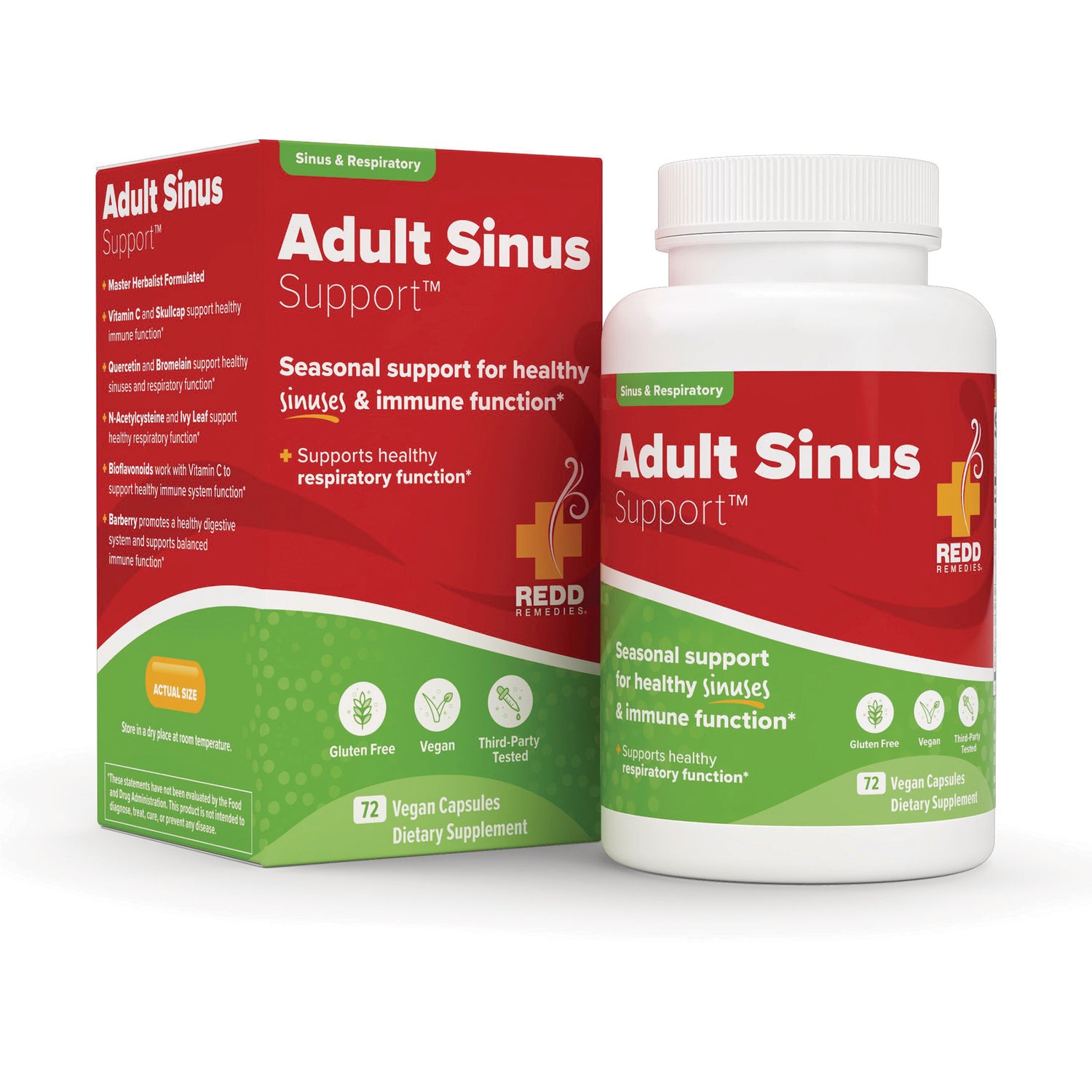 RED001 | Adult Sinus Support supplement bottle and box with red and green packaging, 72 vegan capsules