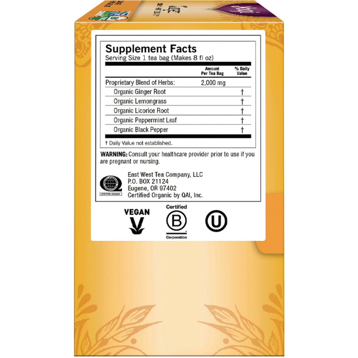 AHW007 | Back label with Supplement Facts, proprietary blend of herbs 2,000 mg, warning, and vegan certifications