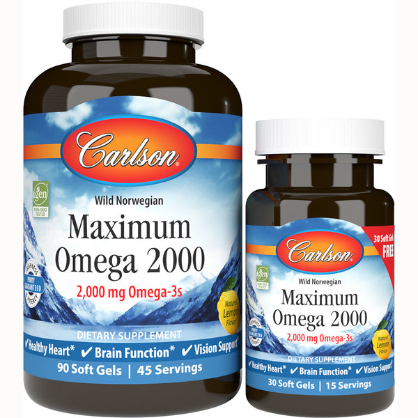 CSN280 | Two Carlson Maximum Omega 2000 supplement bottles, front labels showing 2,000 mg Omega-3s and natural lemon flavor