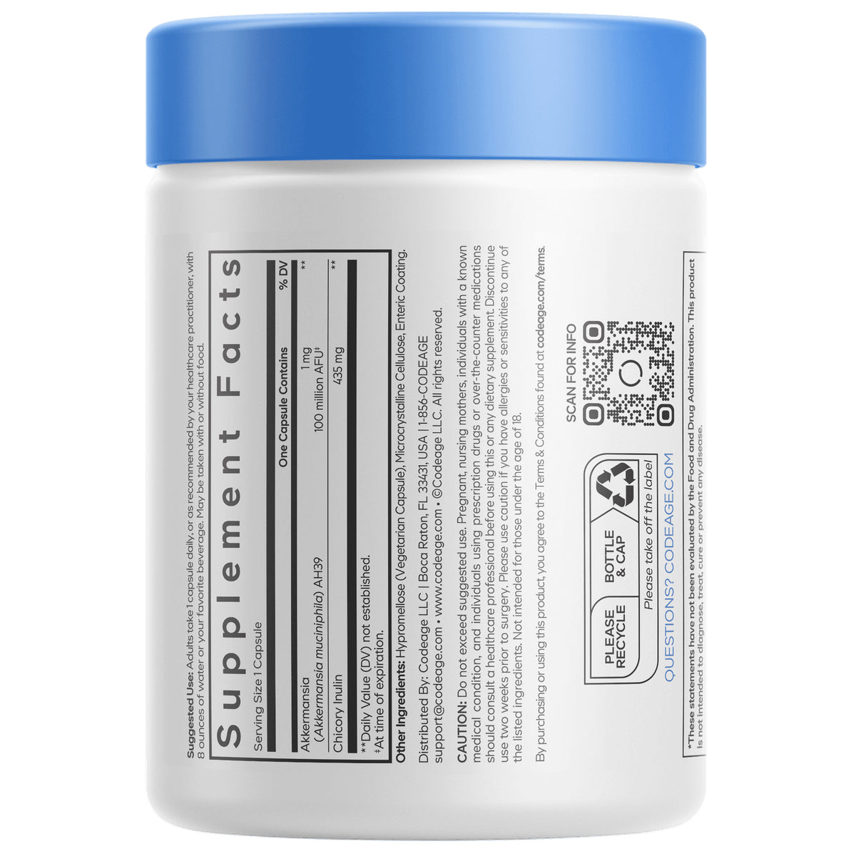CDG001 | back label of white supplement bottle showing supplement facts panel, QR code, barcode, and recycling symbol