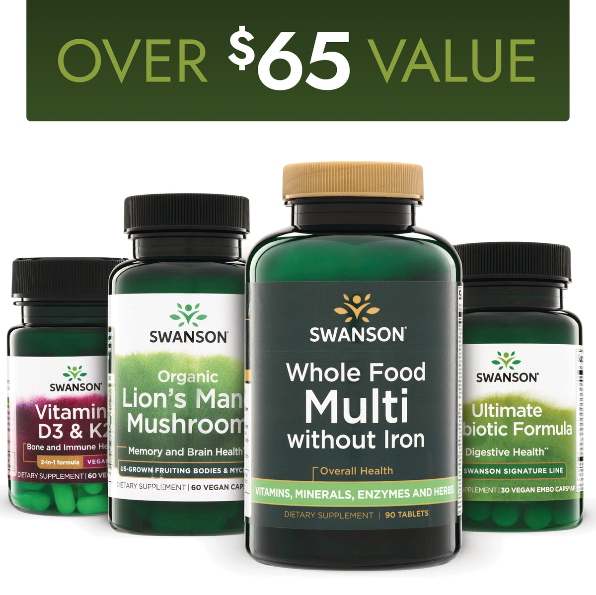 SW1976 | Over $65 value bundle with Swanson Whole Food Multi, Probiotic Formula, Vitamins D3 & K2, and Lion’s Mane