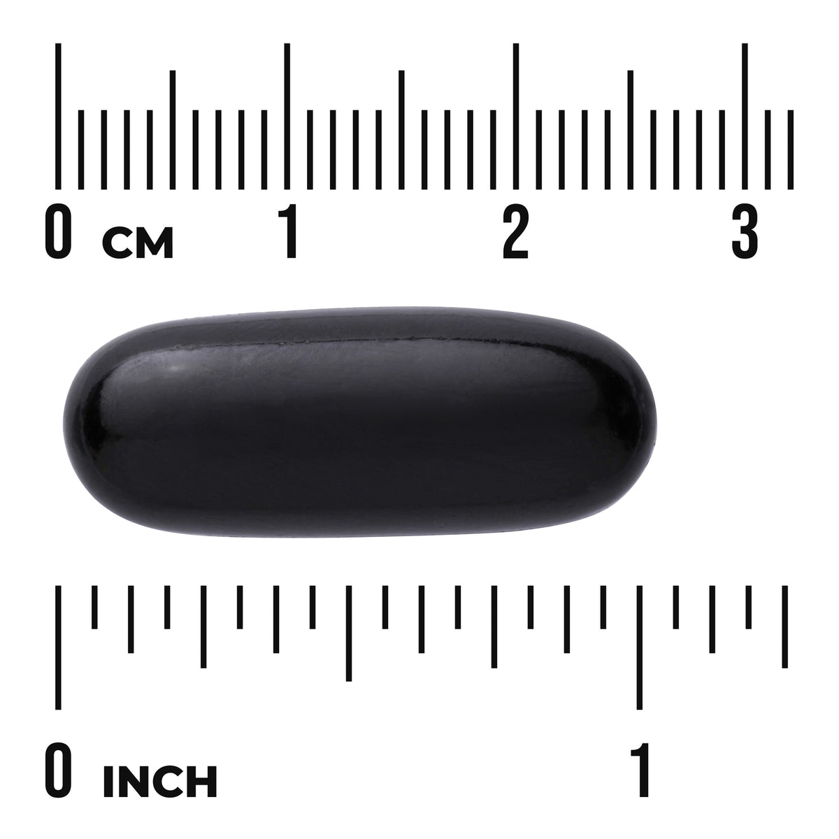 SW837 | Black softgel capsule shown with size scale in inches and centimeters