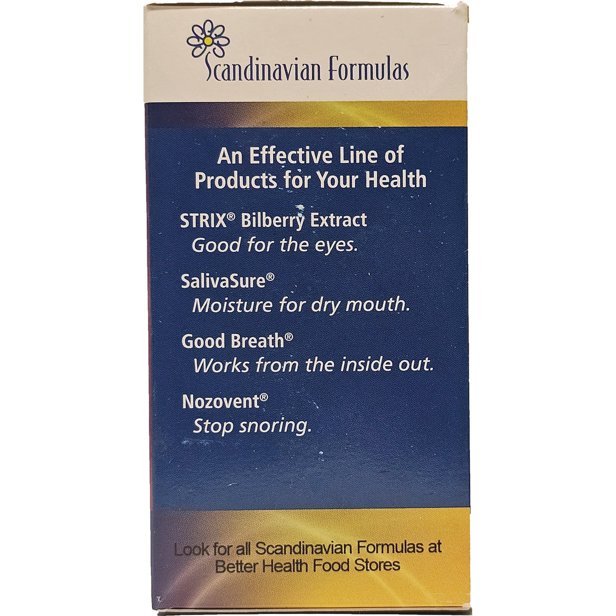 SCD005 | Scandinavian Formulas product infographic listing STRIX Bilberry, SalivaSure, Good Breath, Nozovent and short benefits
