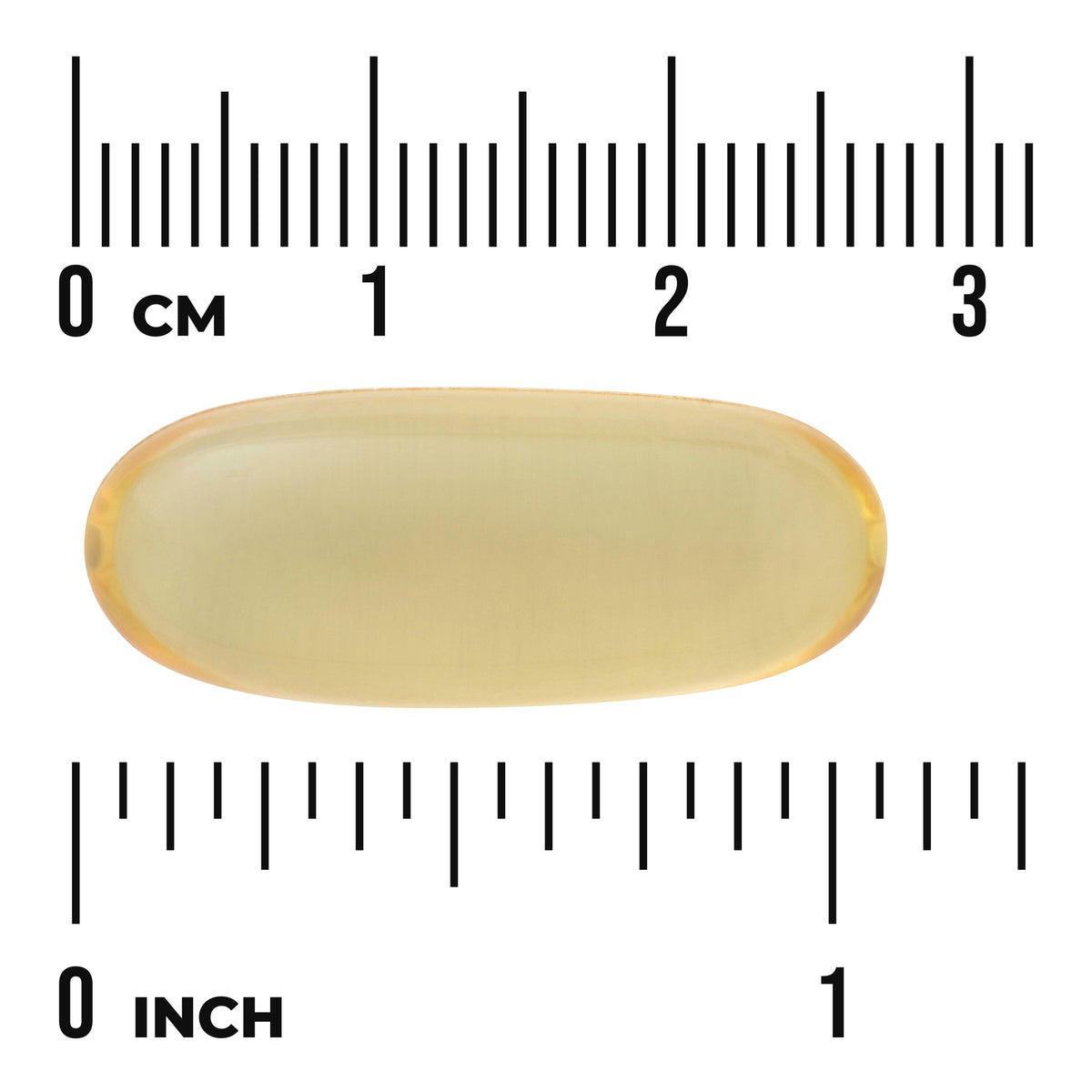 SWE062 | Yellow softgel shown with cm and inch rulers for size
