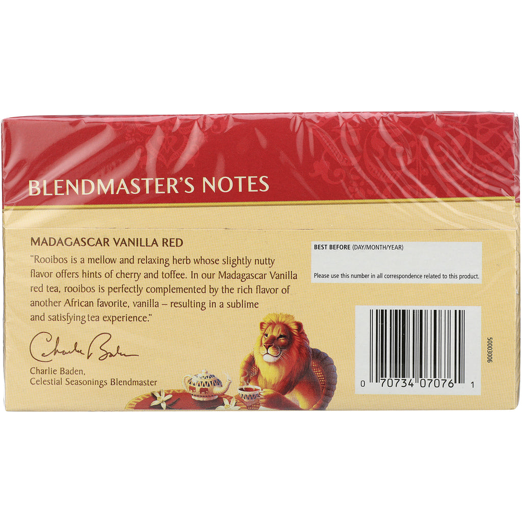 CEL005 | back panel infographic for Madagascar Vanilla Red tea showing Blendmaster's Notes, tasting description, lion illustration and barcode - Thumbnail