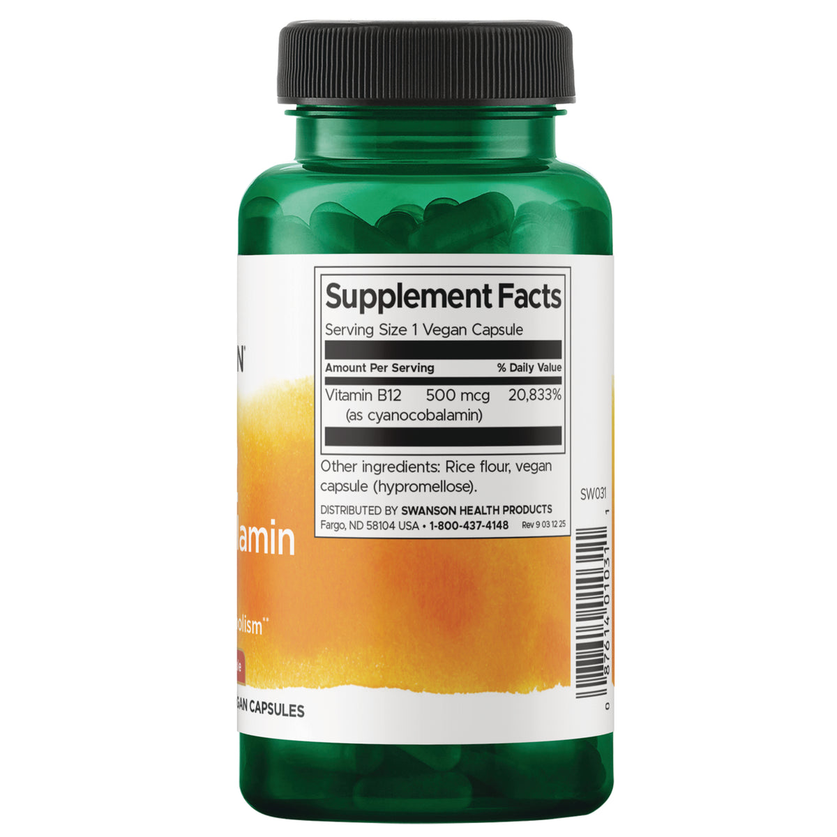 SW031 | Back label with Supplement Facts: Serving Size 1 vegan capsule; Vitamin B12 500 mcg; ingredients and distributor info