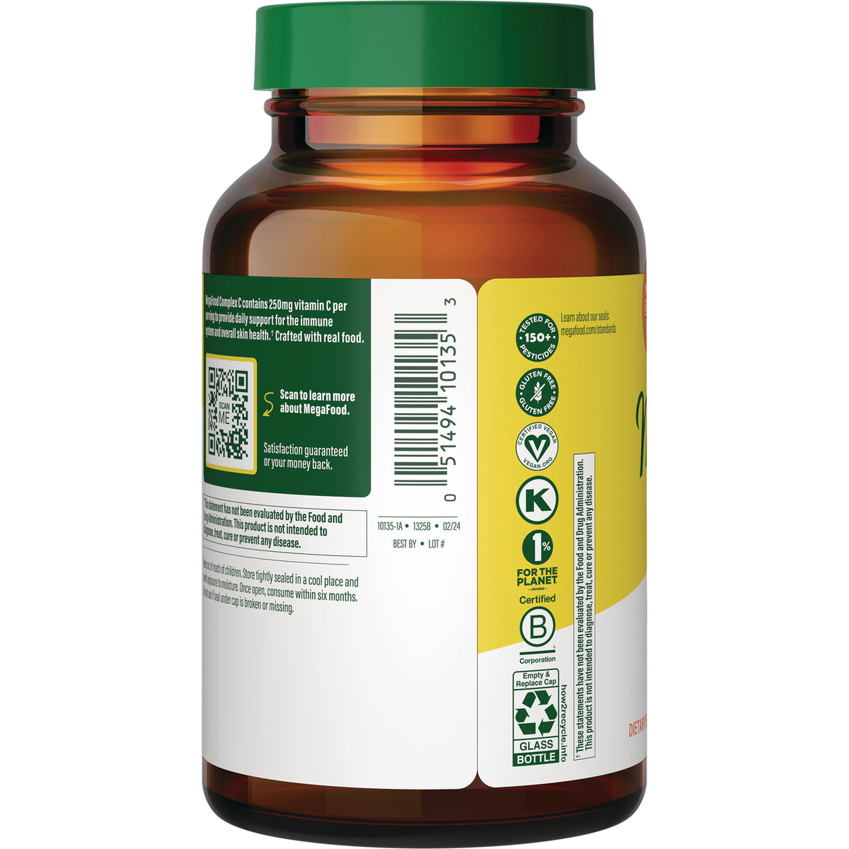 MGF009 | brown supplement bottle back showing barcode, QR code, ingredient and certification icons