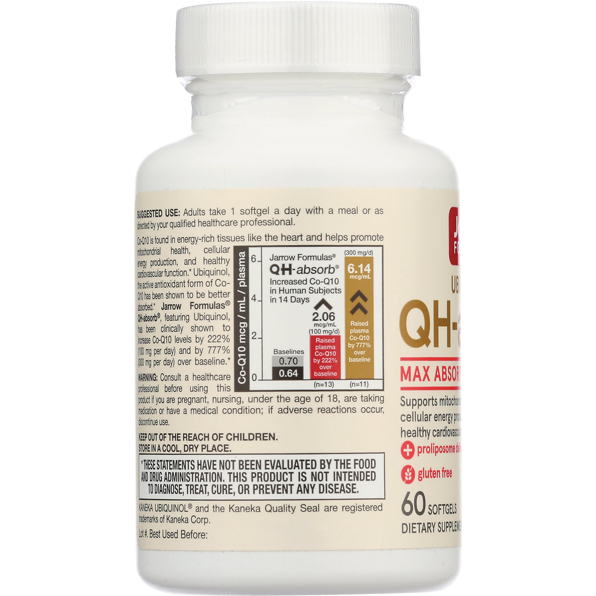 JR224 | Back label of white supplement bottle showing suggested use, warnings, and a Co-Q10 plasma infographic