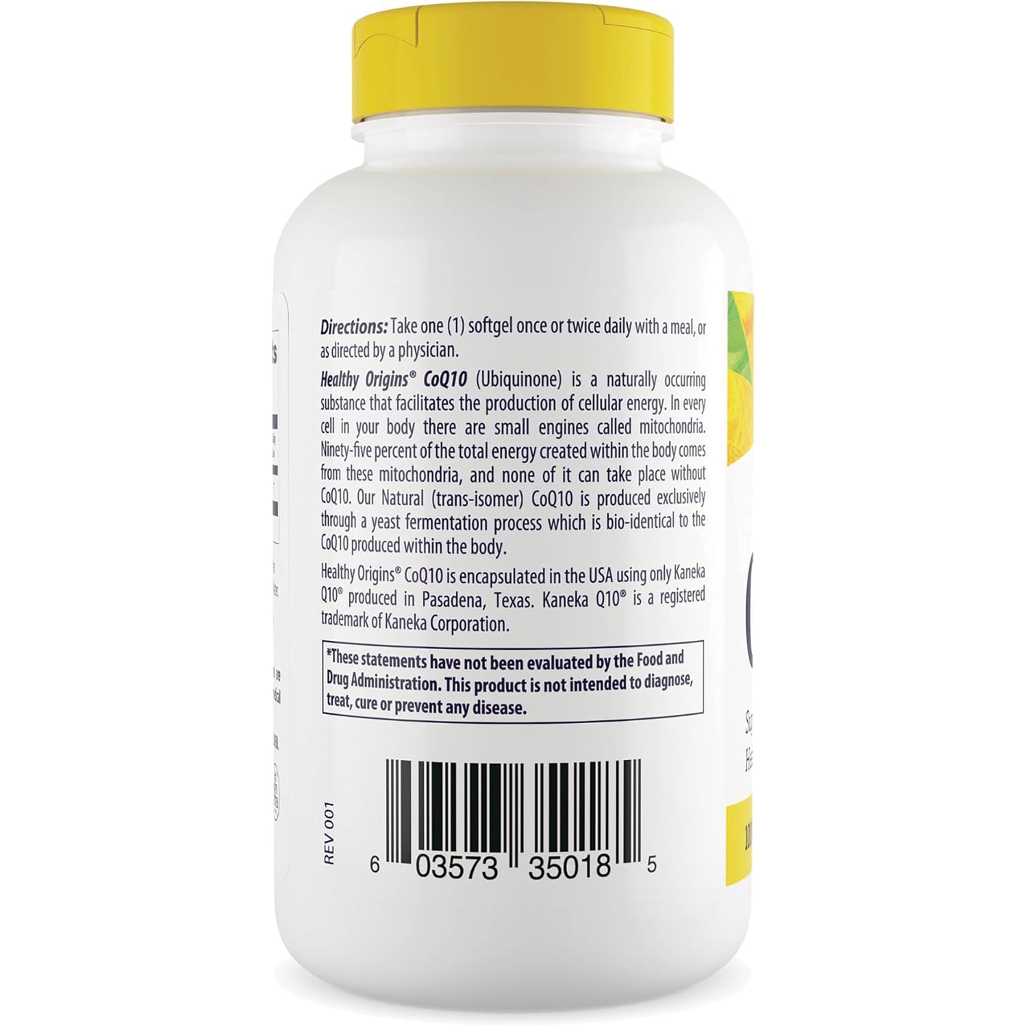 HRG180 | back label of white supplement bottle with directions text and barcode, yellow cap visible