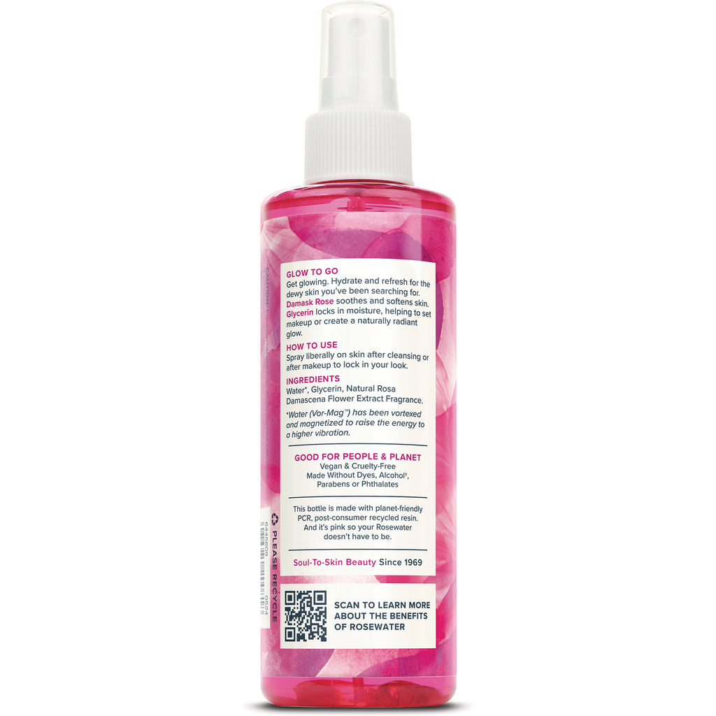 HTG040 | Back label of pink rosewater spray bottle showing ingredients, directions, and QR code - Thumbnail