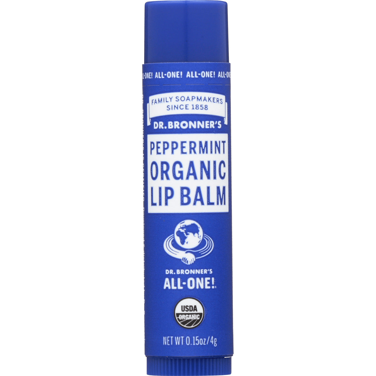 DRB056 | Blue Dr. Bronner's peppermint organic lip balm tube labeled PEPPERMINT ORGANIC LIP BALM and USDA Organic