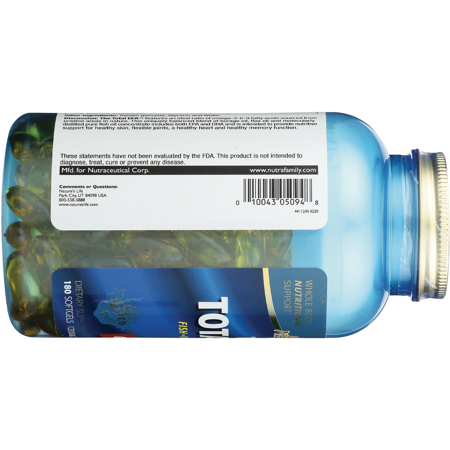 HS029 | blue supplement bottle on its side showing back label, barcode and visible softgel capsules