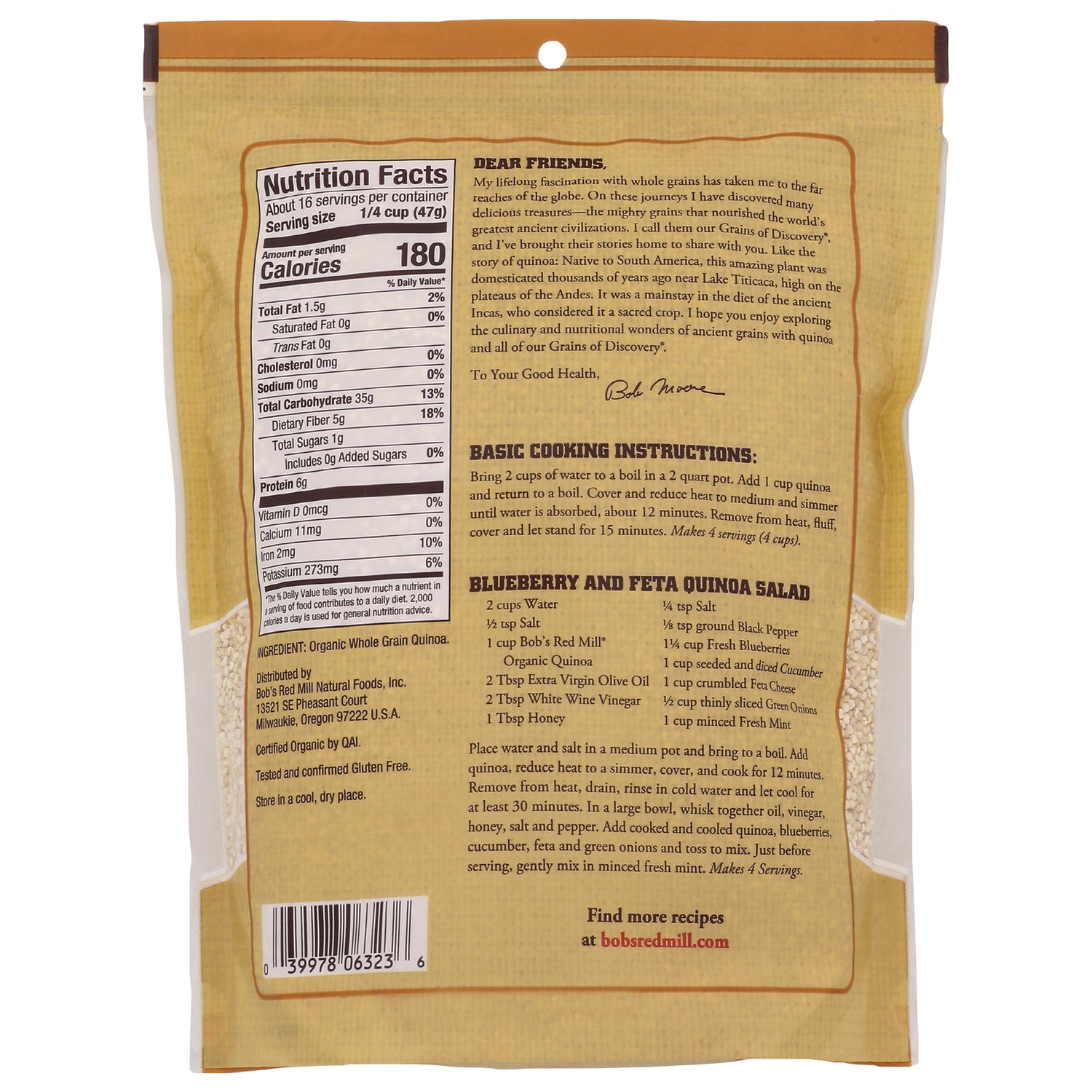 BOB277 | Back of quinoa package showing nutrition facts, ingredients, cooking instructions and recipe