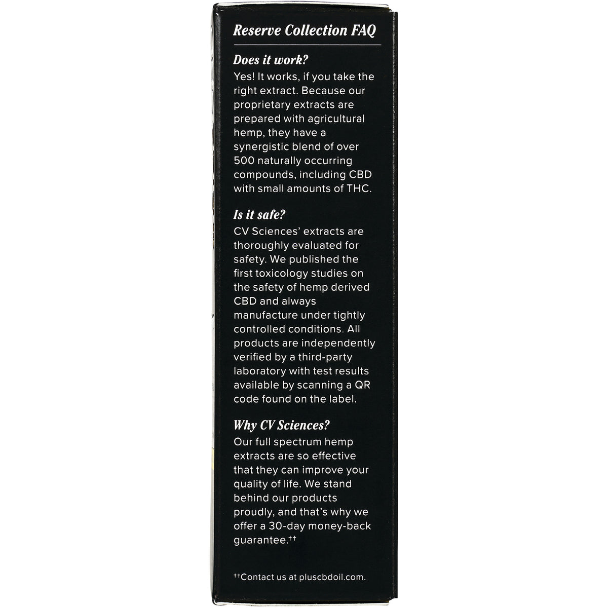 CV045 | Reserve Collection FAQ side panel listing questions about effectiveness, safety, and brand information