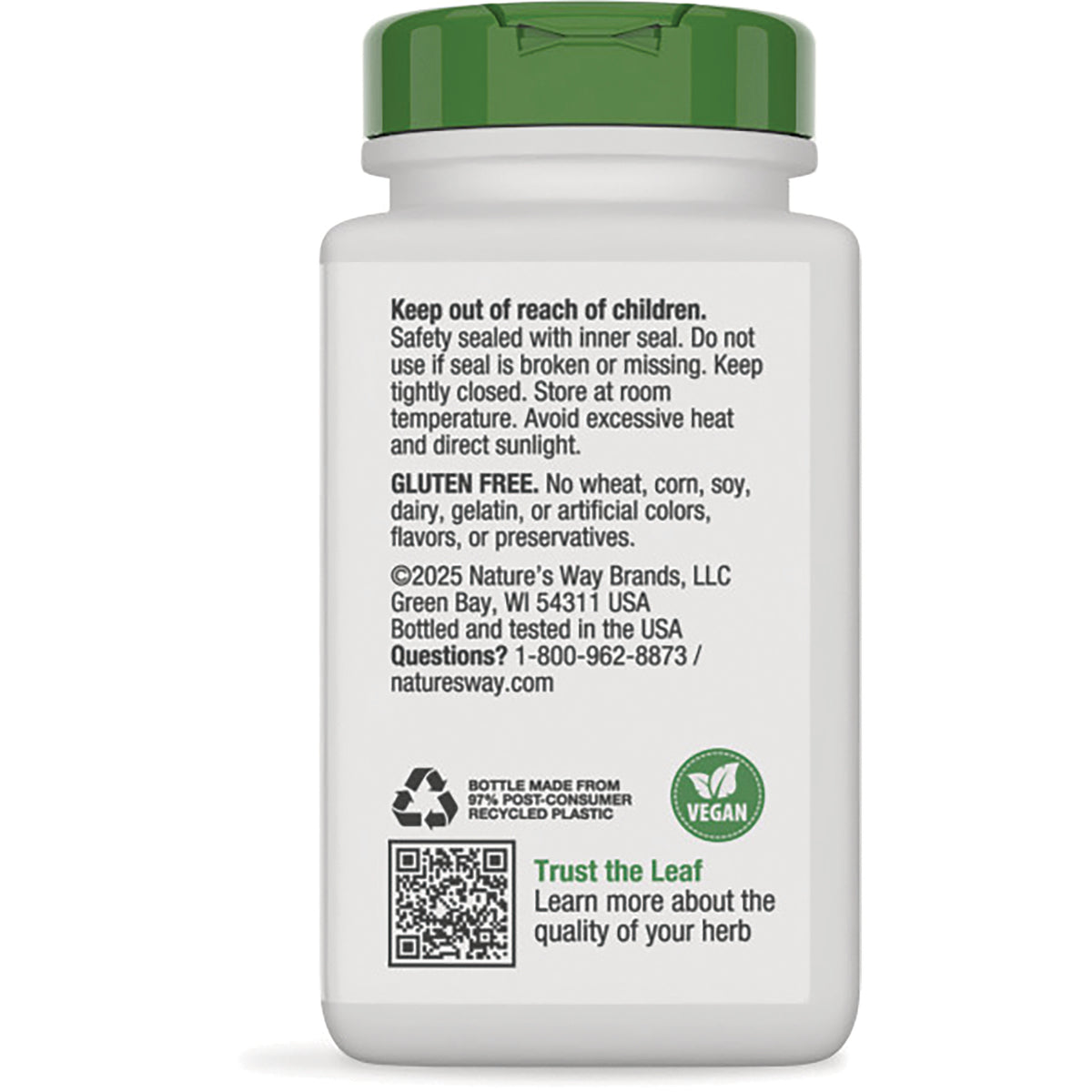 NW169 | Back of white supplement bottle with green cap showing warning text, gluten free and vegan labels and QR code