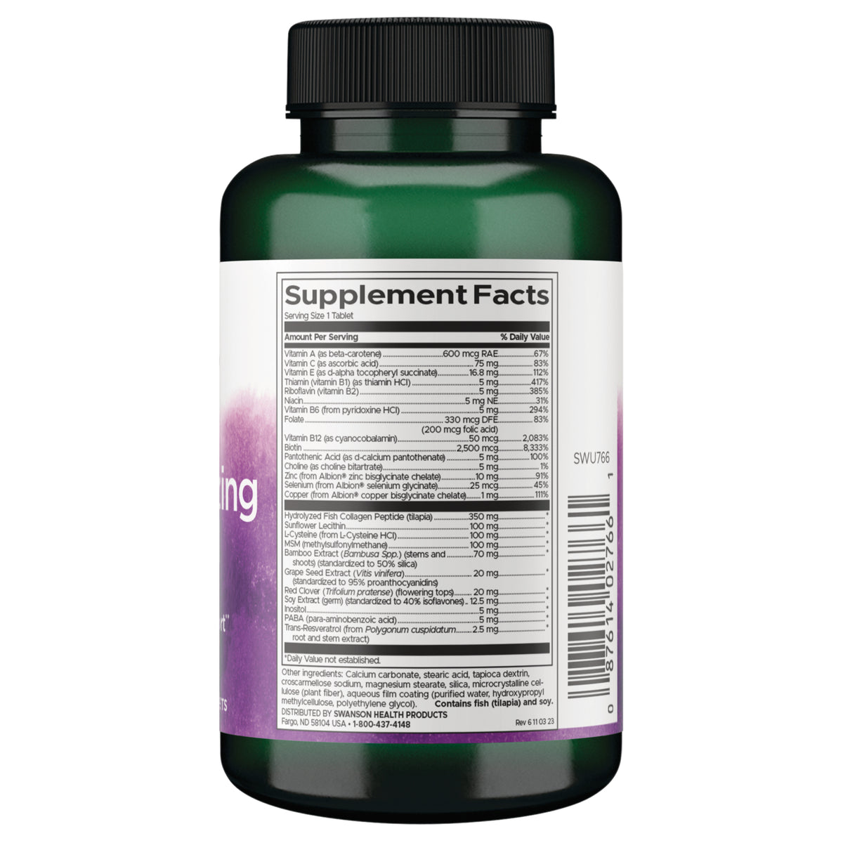 SWU766 | Back label with Supplement Facts, ingredients, and barcode