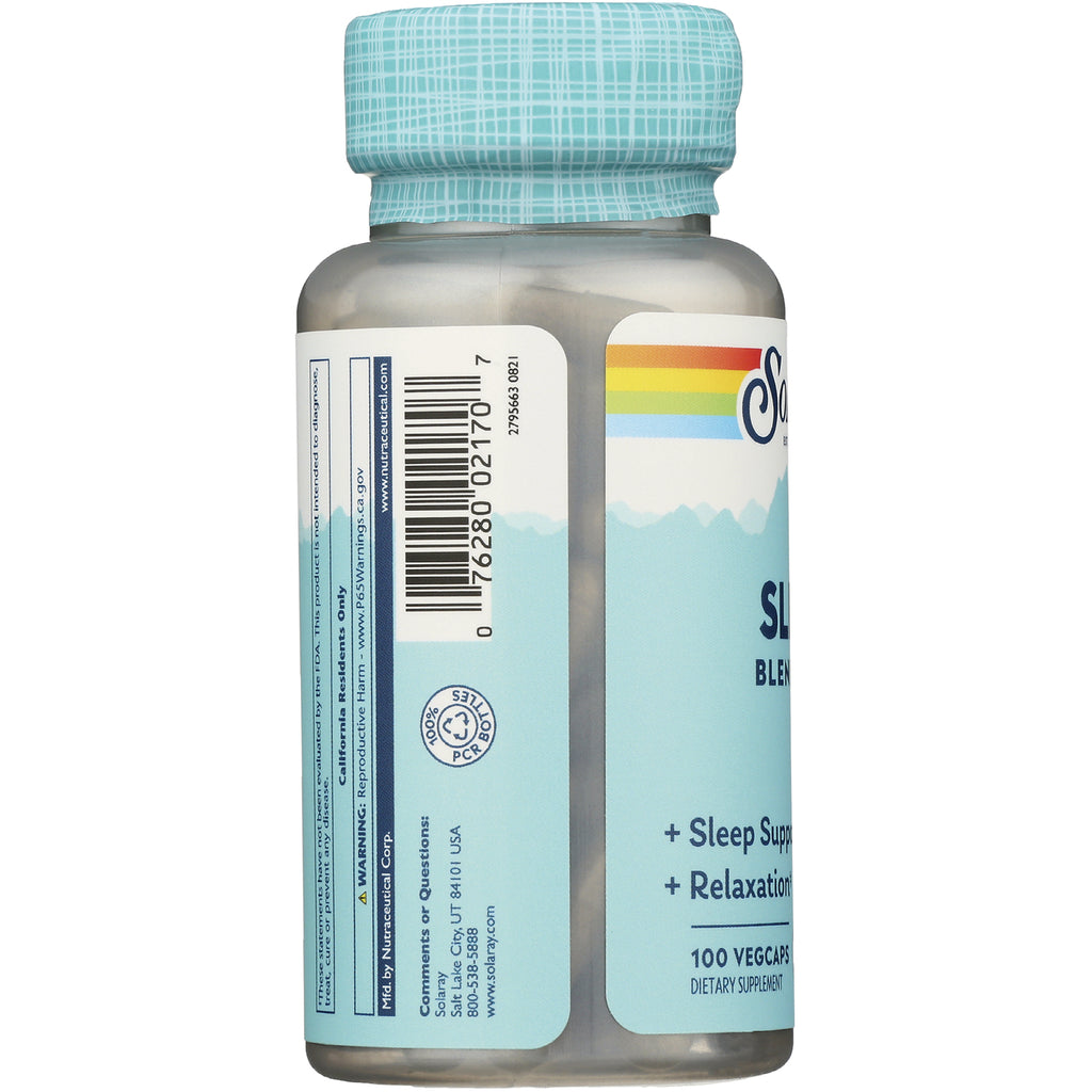 SLR222 | supplement bottle product infographic showing side panel with barcode, label text Sleep Support Relaxation and 100 VEGCAPS - Thumbnail