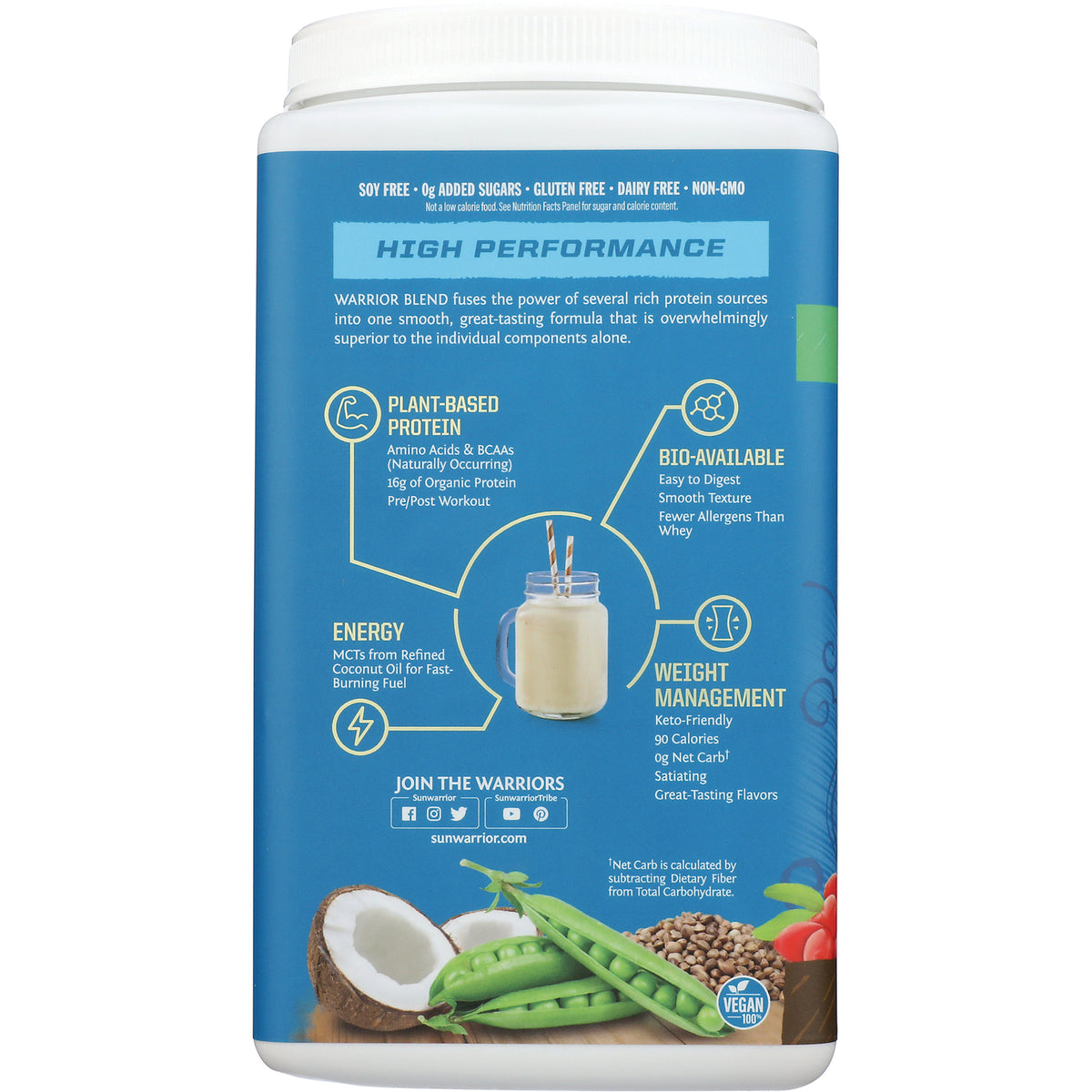 SNW022 | High Performance Warrior Blend infographic: plant-based protein, bio-available, energy, weight management