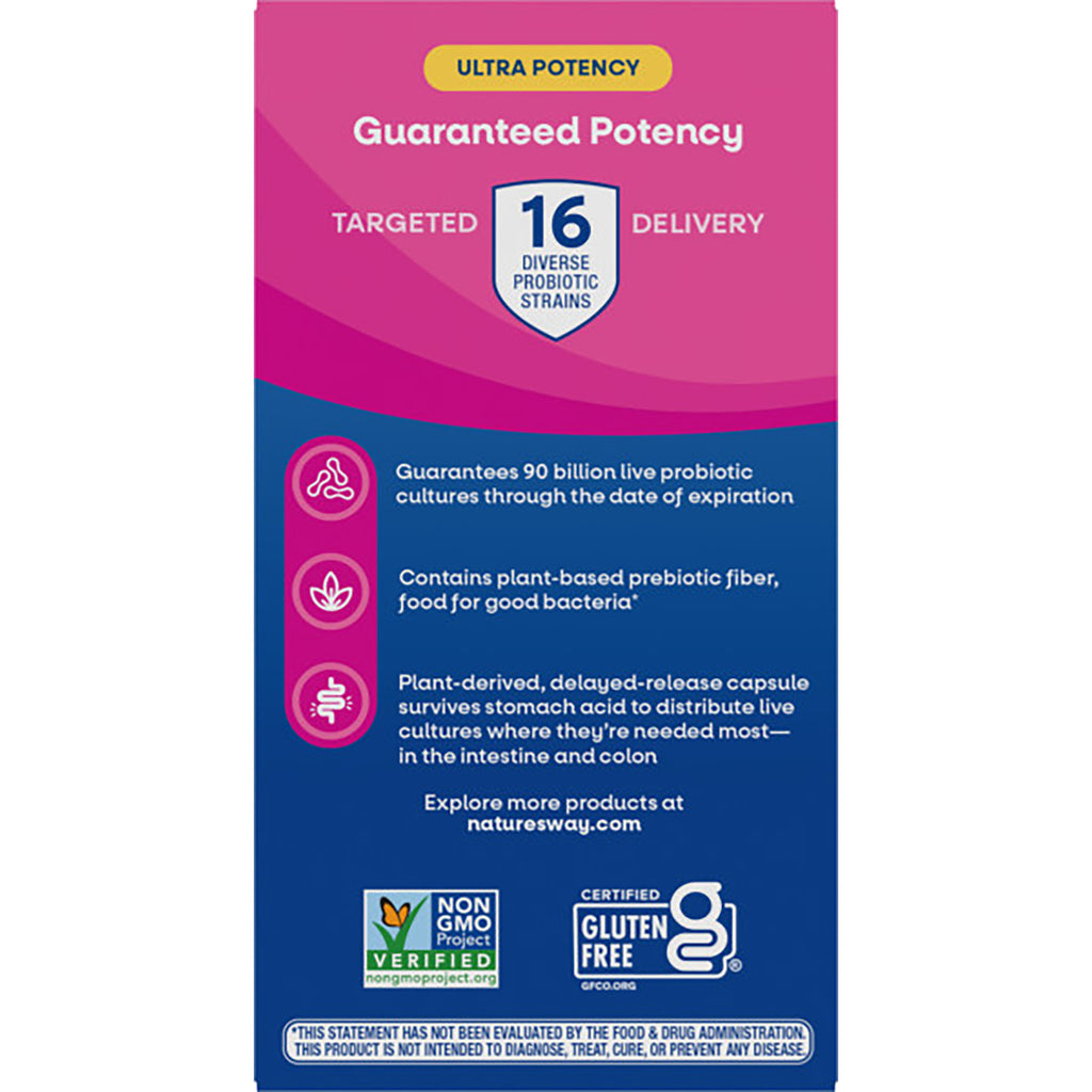 NW853 | back of probiotic box listing guaranteed potency, 90 billion CFU, 15 strains, delayed-release capsule, prebiotic blend - Thumbnail