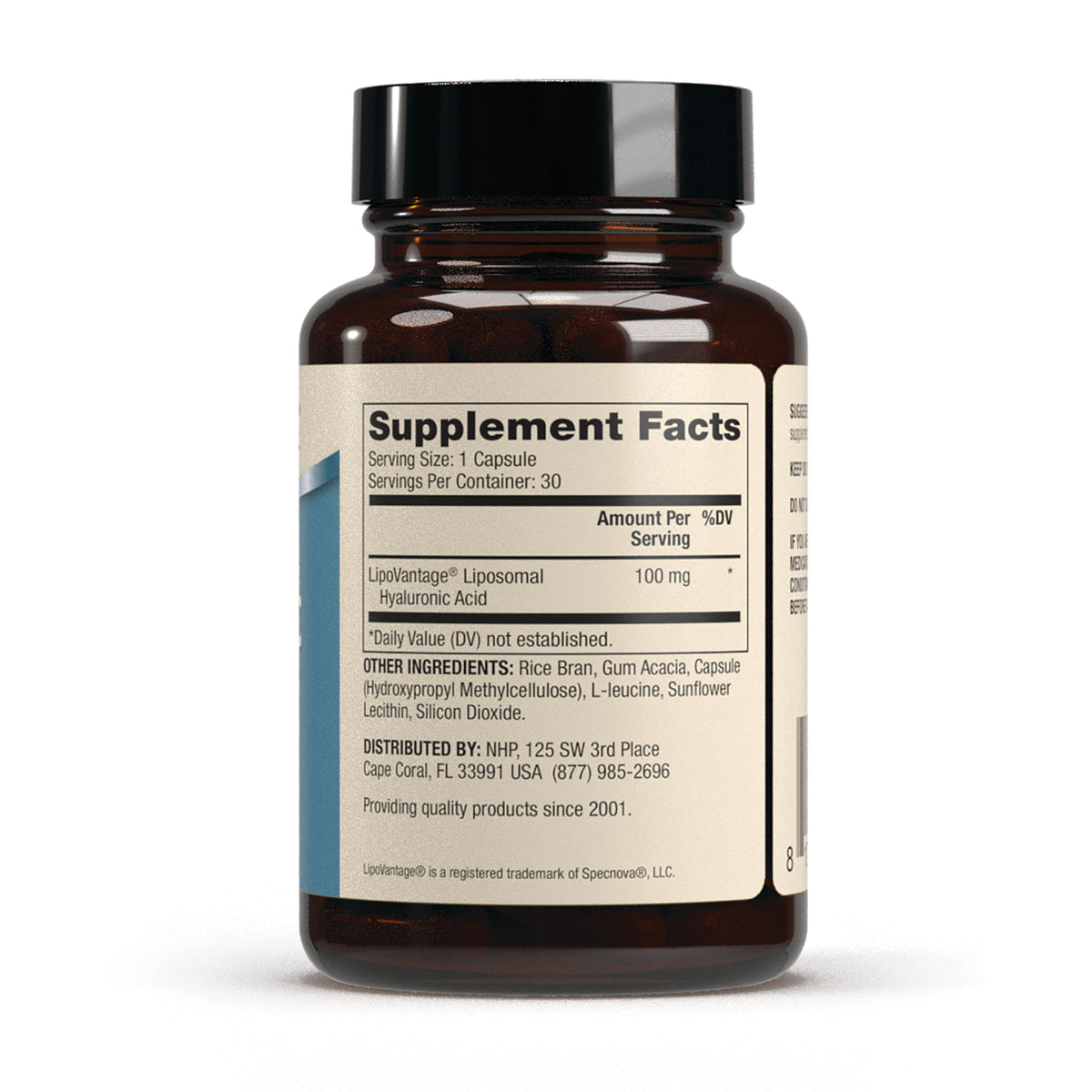 MRC117 | back label showing Supplement Facts panel, serving size, 100 mg hyaluronic acid and other ingredients on amber bottle
