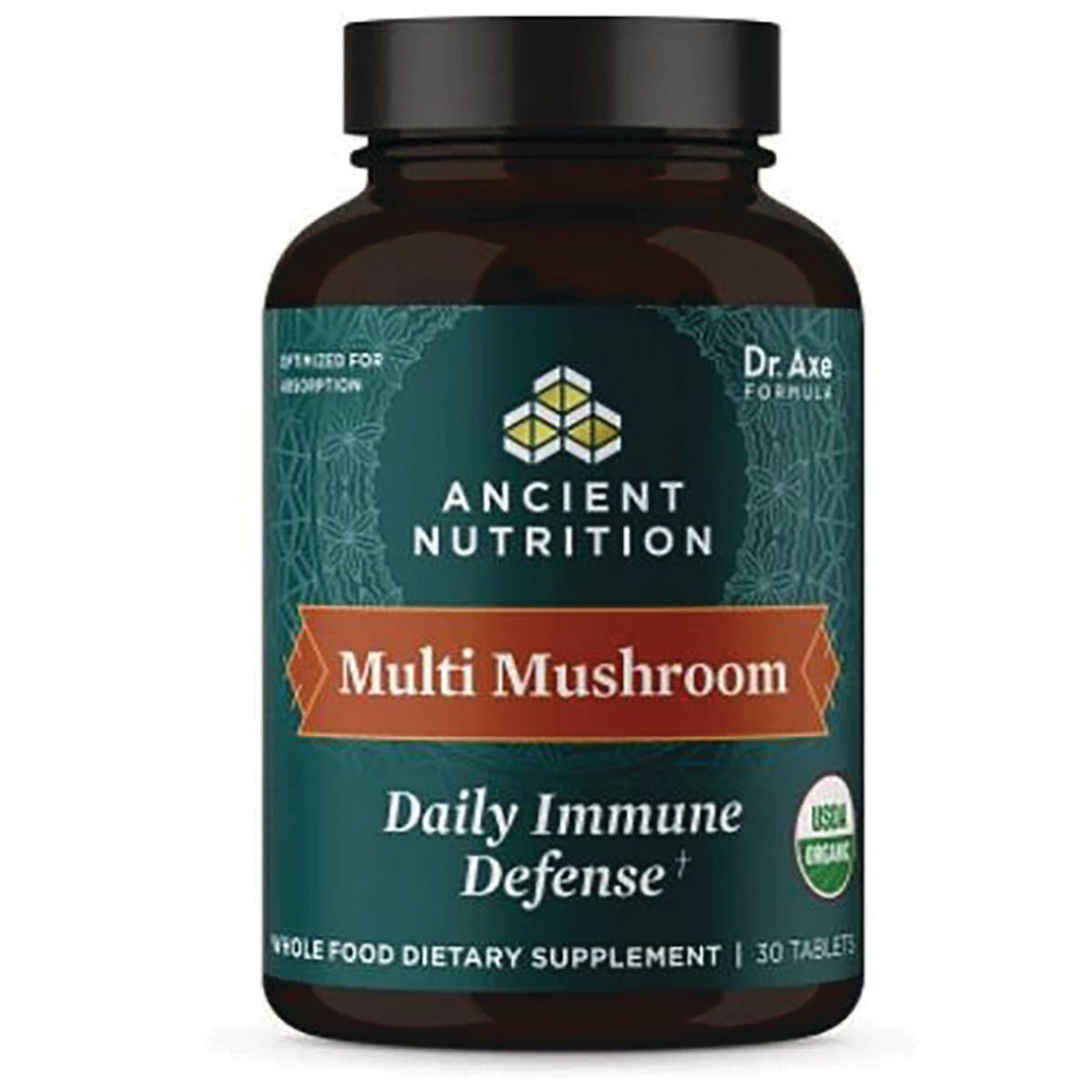 ATN071 | Ancient Nutrition Multi Mushroom bottle labeled Daily Immune Defense and USDA Organic