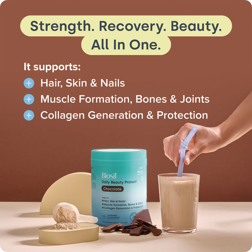NFC221 | Biosil Daily Beauty Protein Chocolate powder with prepared drink, scoop, and benefits text - Thumbnail