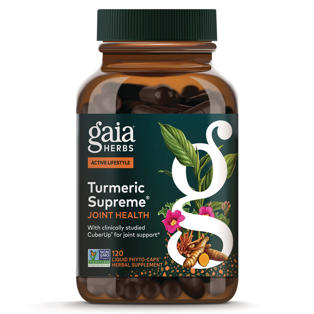 GH169 | Gaia Herbs Turmeric Supreme Joint Health bottle showing label and 120 liquid phyto-caps - Thumbnail
