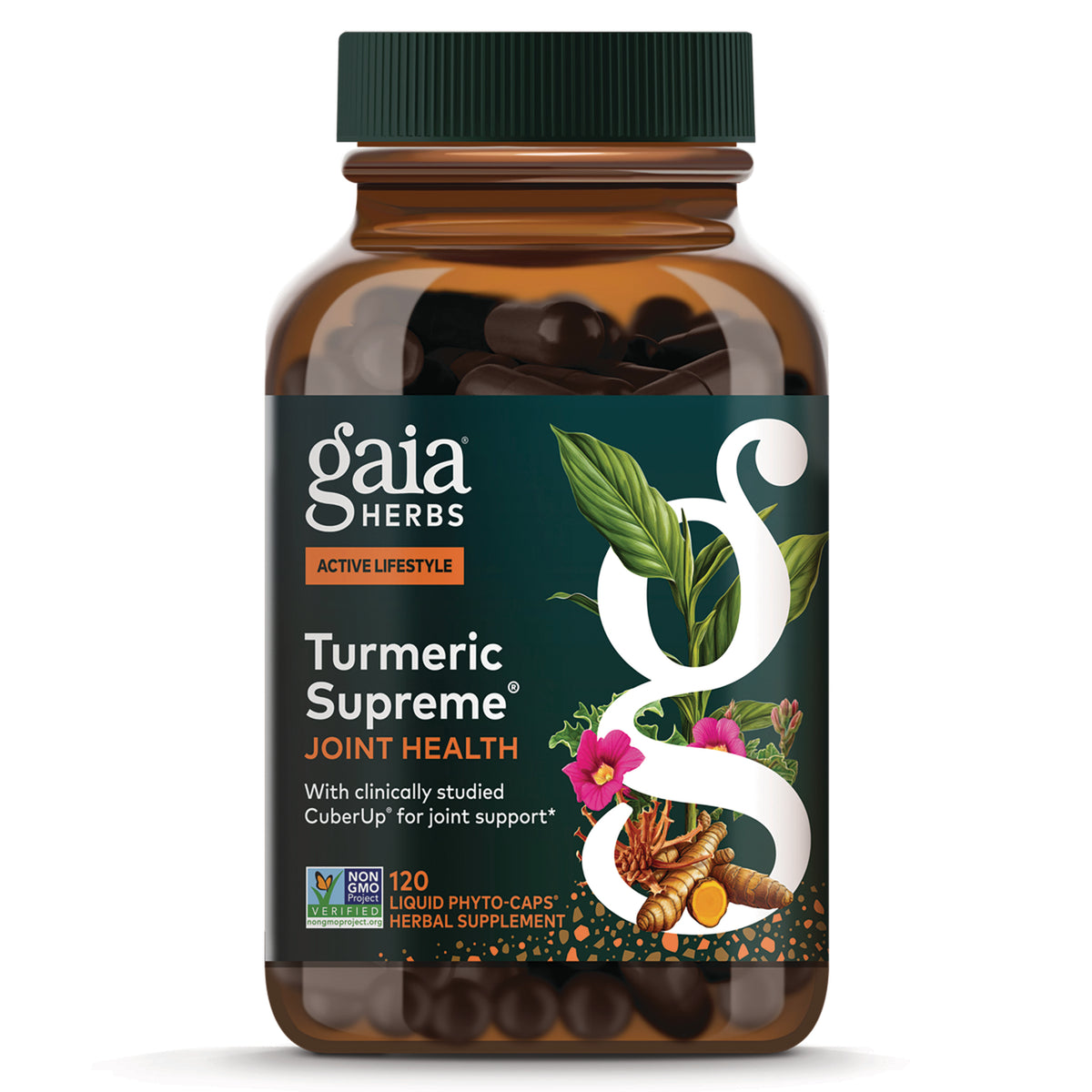 GH169 | Gaia Herbs Turmeric Supreme Joint Health bottle showing label and 120 liquid phyto-caps