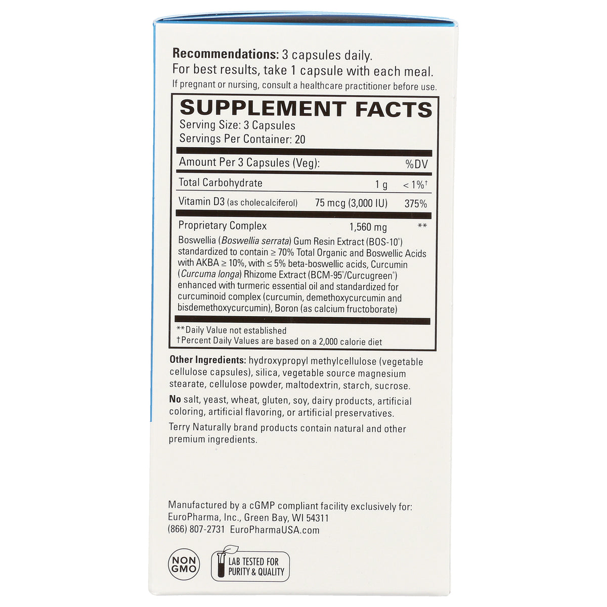 EUR027 | back of white supplement box showing Supplement Facts panel with serving size 3 capsules and ingredient list