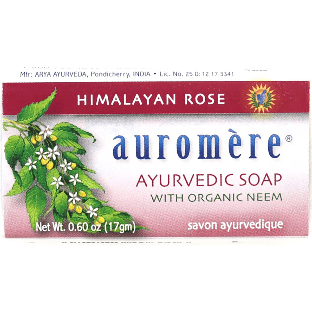 AUR030 | Auromre Ayurvedic Soap Himalayan Rose packaging with organic neem label and net wt 0.60 oz (17 g)