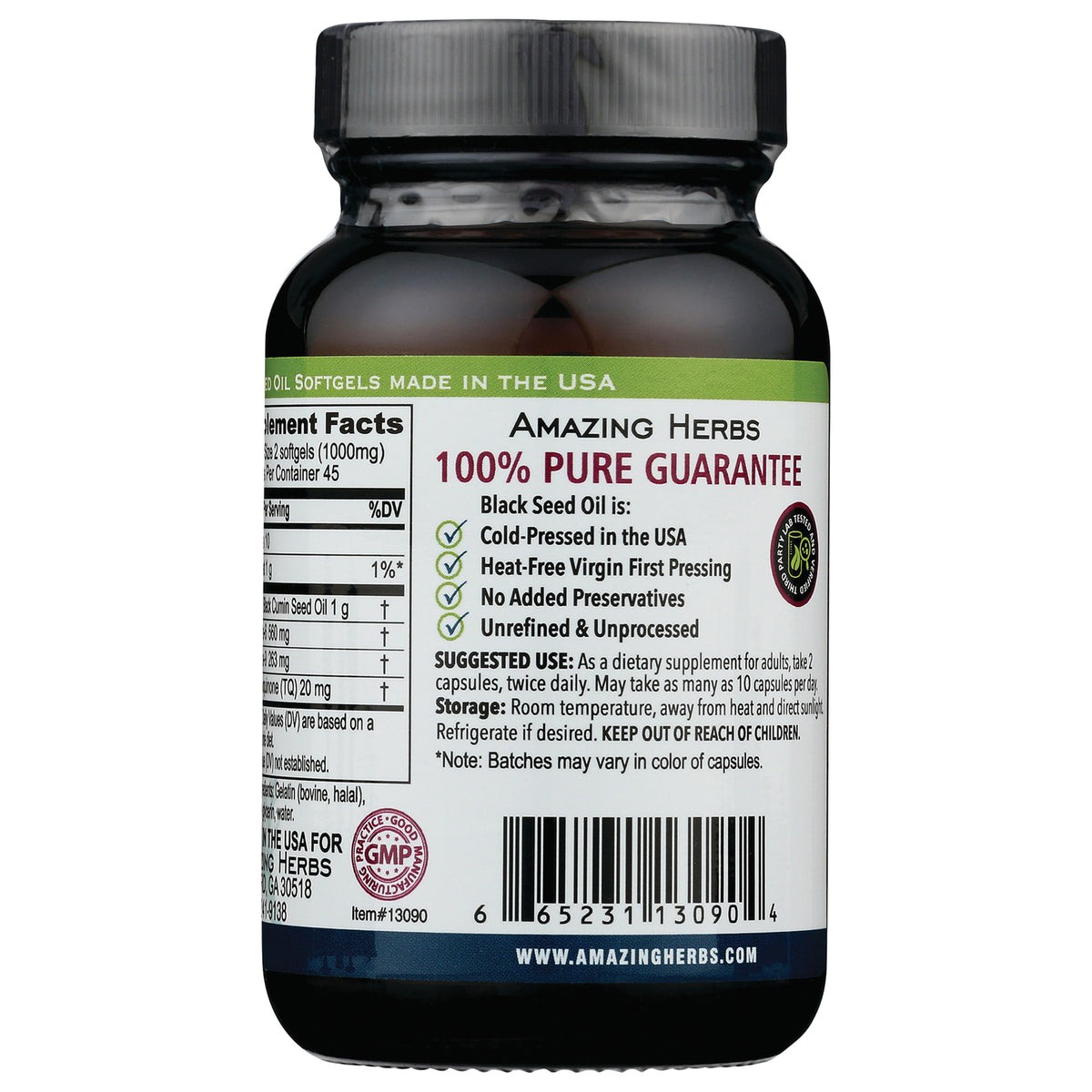 Amazing Herbs bottle back label showing 100% PURE GUARANTEE, benefits checklist, suggested use text and barcode