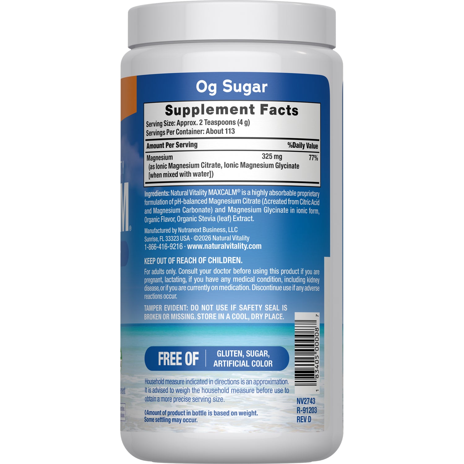 NVT011 | Back label showing Supplement Facts panel with magnesium 325 mg, vegan and gluten-free icons and barcode