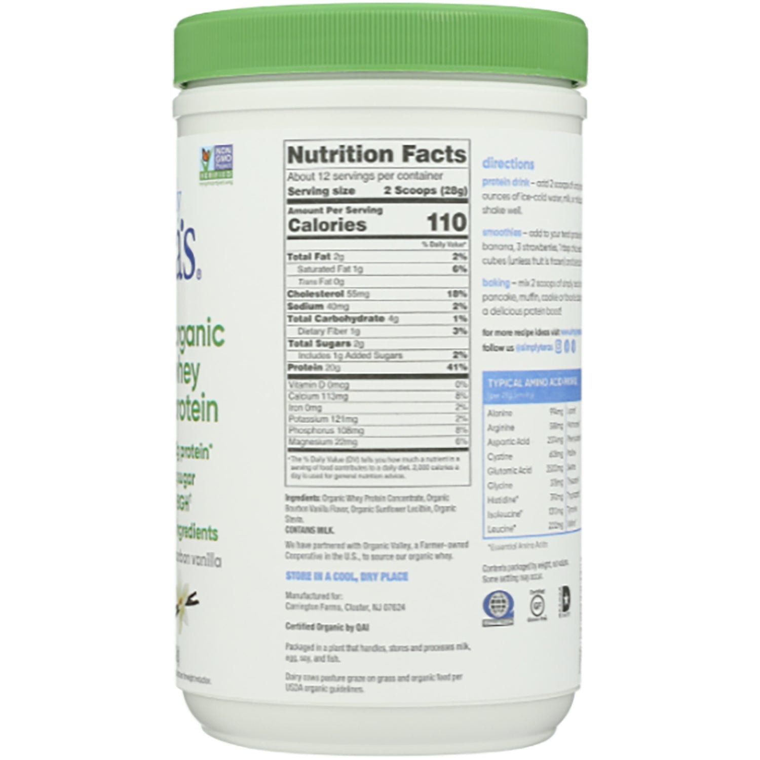 TER008 | Back of whey protein powder tub with Nutrition Facts panel showing 2 scoops serving size and 110 calories