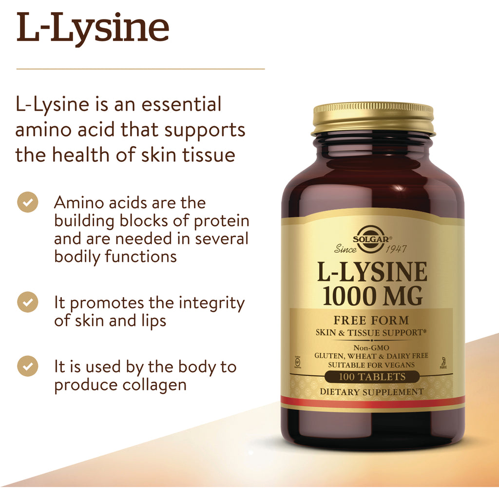 Solgar L-LYSINE 1000 MG bottle with infographic bullets about amino acids, skin support and collagen production - Thumbnail