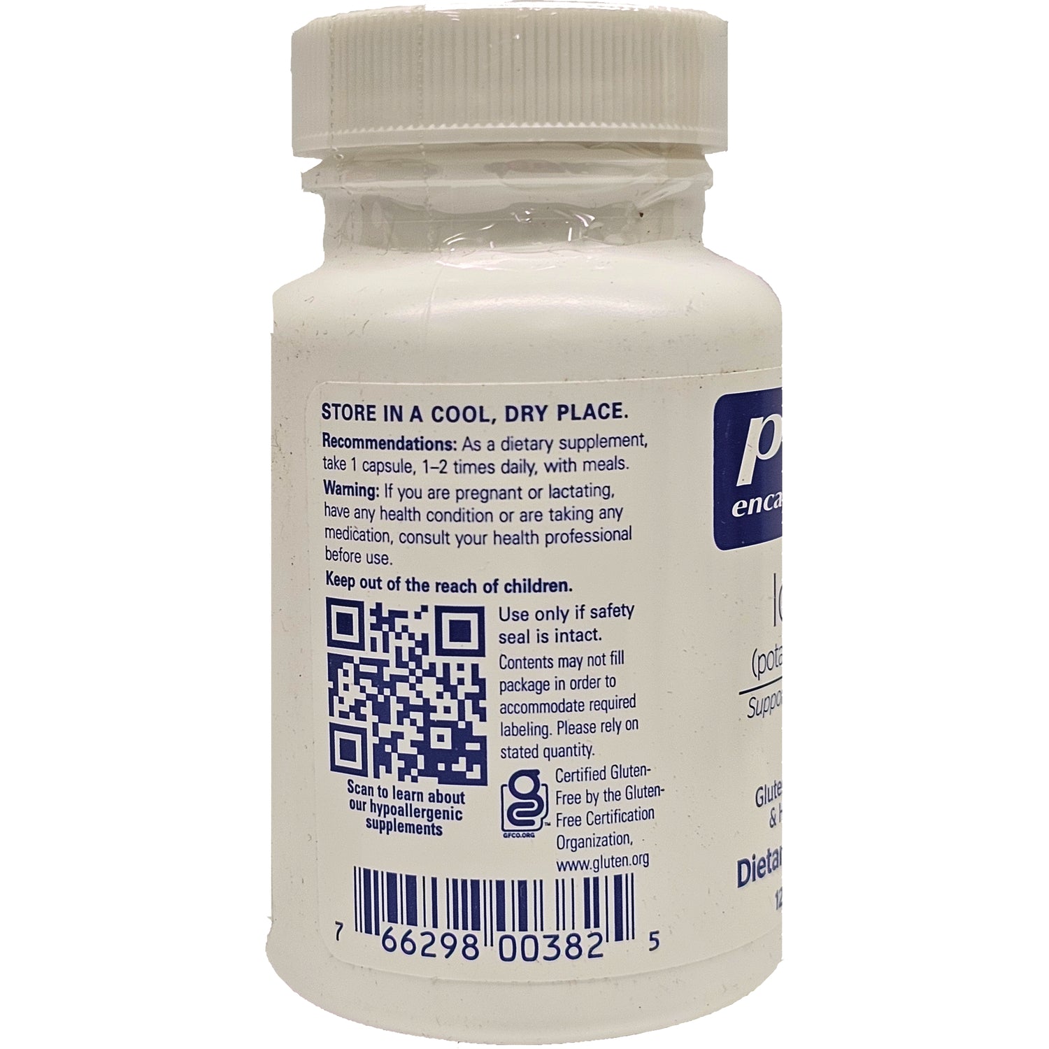 Supplement bottle back label showing STORE IN A COOL, DRY PLACE header, QR code, barcode and dosage and warning text